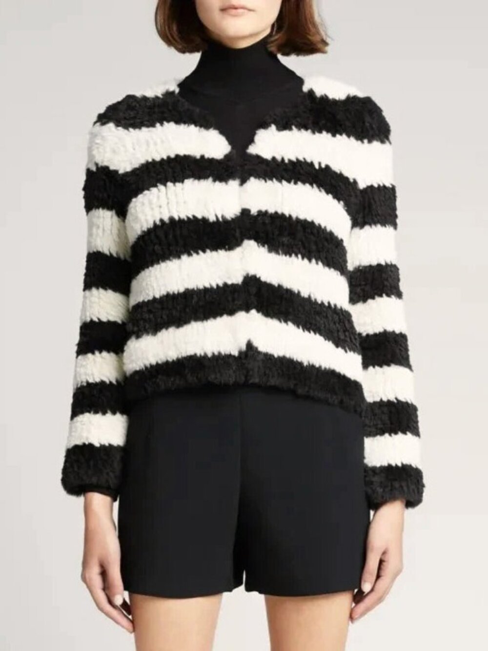 New Alice + Olivia Fawn Striped Faux Fur Jacket Black White M $395